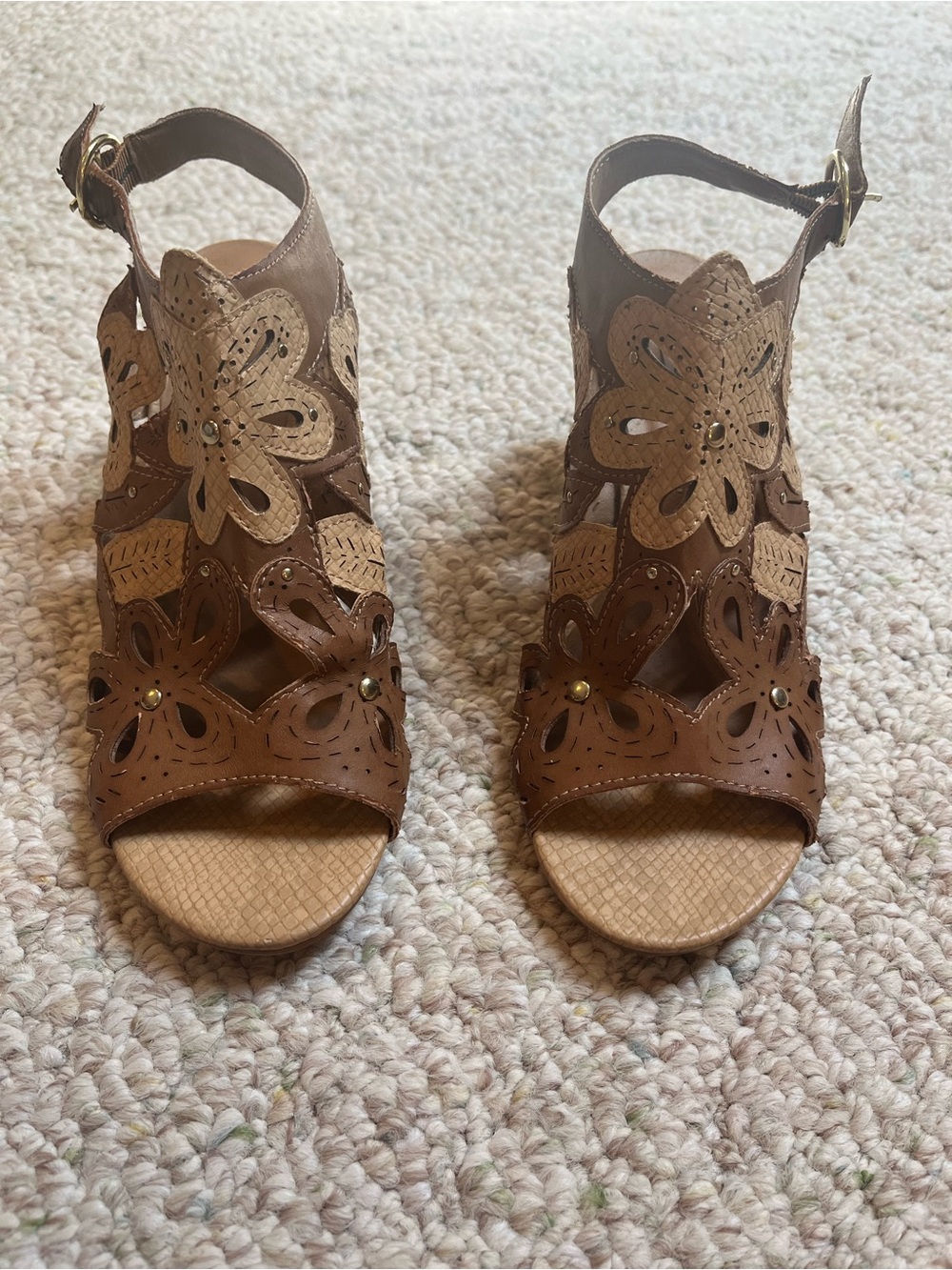 Women's Brown Floral Cutout Ankle Strap Sandals